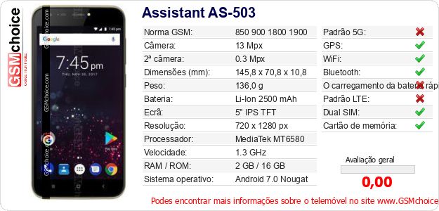 Assistant AS-503 Especificações técnicas do telemóvel Assistant AS-503 Especificações técnicas do telemóvel