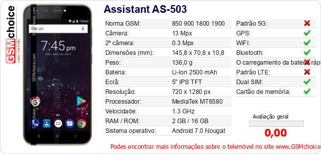 Assistant AS-503 Especificações técnicas do telemóvel 