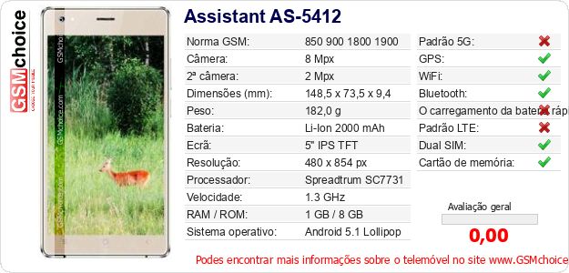 Assistant AS-5412 Especificações técnicas do telemóvel Assistant AS-5412 Especificações técnicas do telemóvel