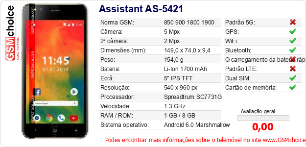 Assistant AS-5421 Especificações técnicas do telemóvel Assistant AS-5421 Especificações técnicas do telemóvel