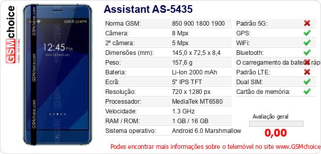 Assistant AS-5435 Especificações técnicas do telemóvel Assistant AS-5435 Especificações técnicas do telemóvel