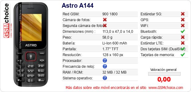 Astro A144 Datos técnicos del móvil Astro A144 Datos técnicos del móvil