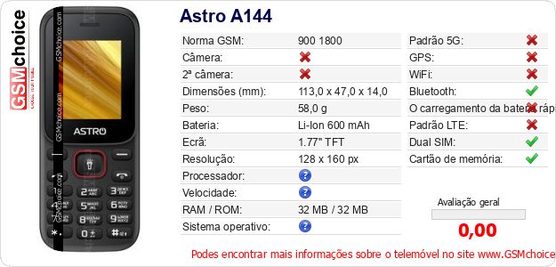 Astro A144 Especificações técnicas do telemóvel Astro A144 Especificações técnicas do telemóvel