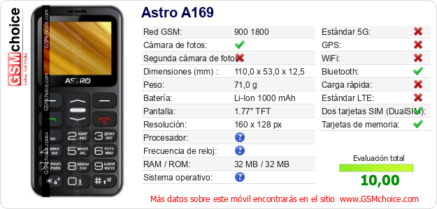 Astro A169 Datos técnicos del móvil 