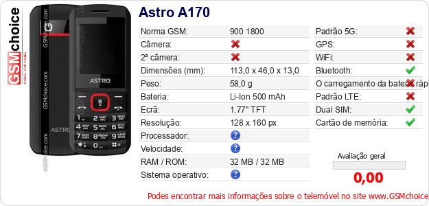 Astro A170 Especificações técnicas do telemóvel Astro A170 Especificações técnicas do telemóvel