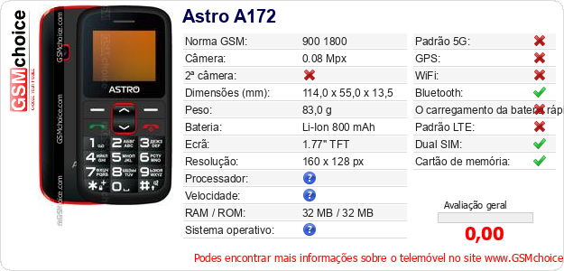 Astro A172 Especificações técnicas do telemóvel Astro A172 Especificações técnicas do telemóvel
