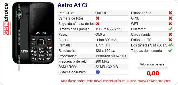 Astro A173 Datos técnicos del móvil Astro A173 Datos técnicos del móvil