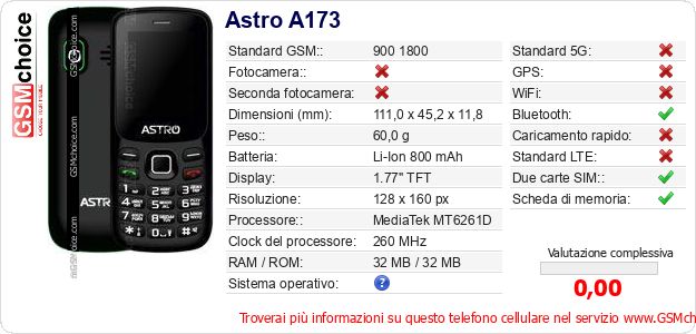 Astro A173 Dati tecnici di telefono cellulare Astro A173 Dati tecnici di telefono cellulare