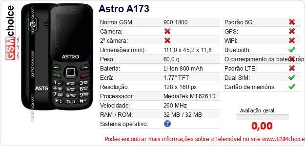 Astro A173 Especificações técnicas do telemóvel Astro A173 Especificações técnicas do telemóvel