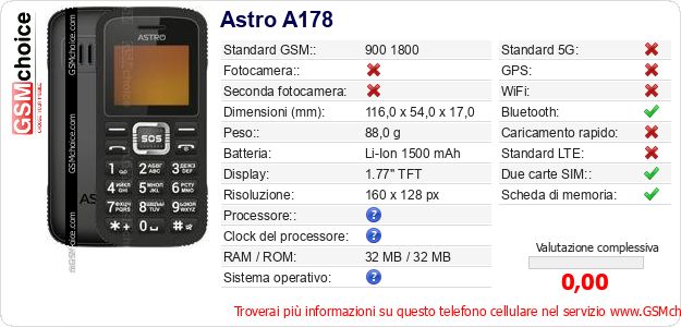 Astro A178 Dati tecnici di telefono cellulare 
