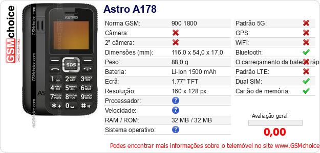 Astro A178 Especificações técnicas do telemóvel 
