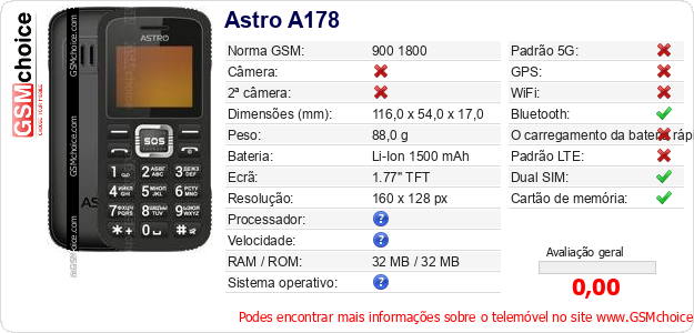 Astro A178 Especificações técnicas do telemóvel 
