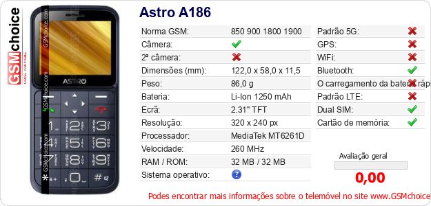 Astro A186 Especificações técnicas do telemóvel Astro A186 Especificações técnicas do telemóvel