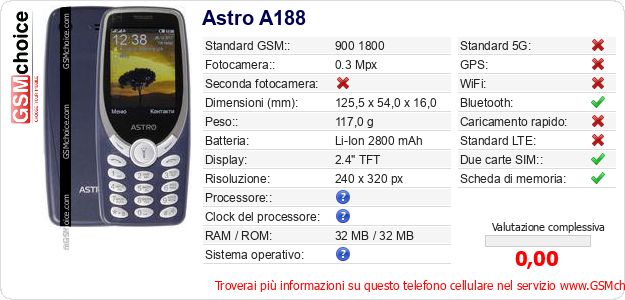 Astro A188 Dati tecnici di telefono cellulare Astro A188 Dati tecnici di telefono cellulare