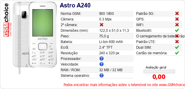 Astro A240 Especificações técnicas do telemóvel Astro A240 Especificações técnicas do telemóvel