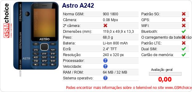 Astro A242 Especificações técnicas do telemóvel Astro A242 Especificações técnicas do telemóvel