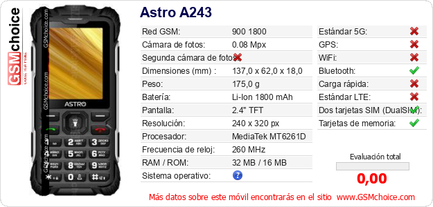 Astro A243 Datos técnicos del móvil 