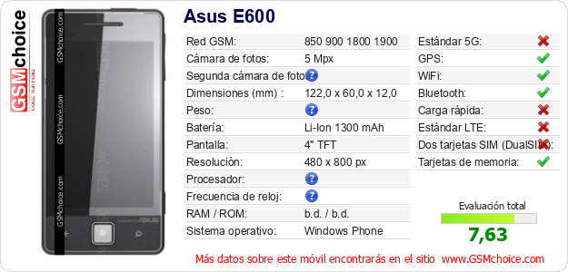 Asus E600 Datos técnicos del móvil 