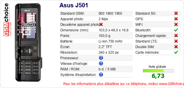 Asus J501 Fiche technique Asus J501 Fiche technique