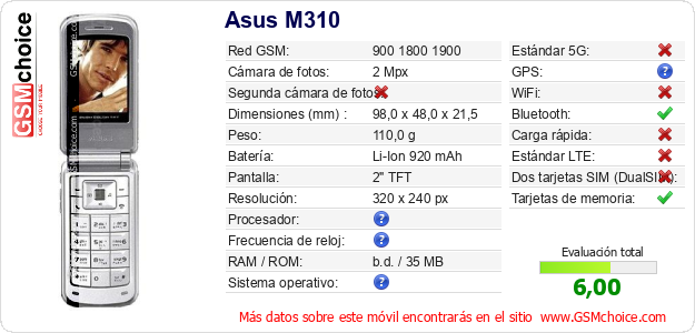 Asus M310 Datos técnicos del móvil Asus M310 Datos técnicos del móvil