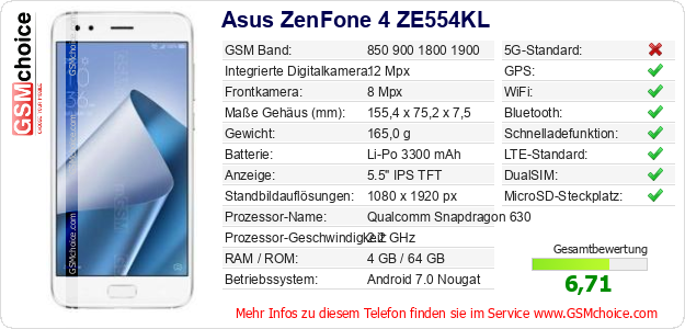 Asus ZenFone 4 ZE554KL technische Daten Asus ZenFone 4 ZE554KL technische Daten