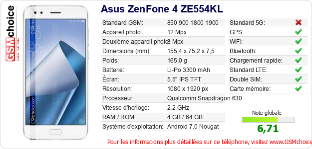 Asus ZenFone 4 ZE554KL Fiche technique