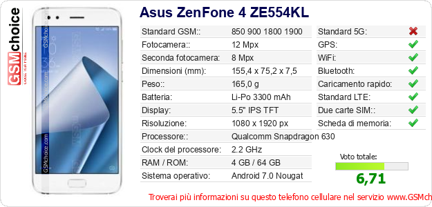 Asus ZenFone 4 ZE554KL Dati tecnici di telefono cellulare 