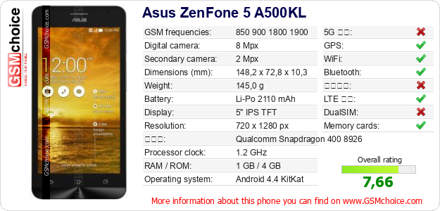 Asus ZenFone 5 A500KL 手機技術數據