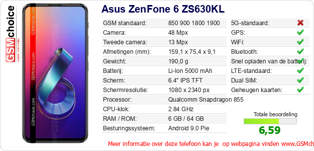 Asus ZenFone 6 ZS630KL Technische gegevens Asus ZenFone 6 ZS630KL Technische gegevens