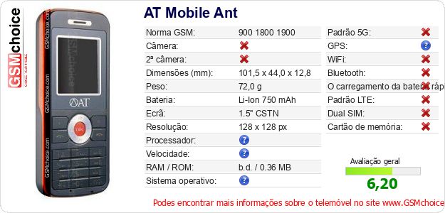 AT Mobile Ant Especificações técnicas do telemóvel AT Mobile Ant Especificações técnicas do telemóvel