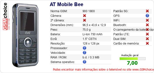 AT Mobile Bee Especificações técnicas do telemóvel AT Mobile Bee Especificações técnicas do telemóvel
