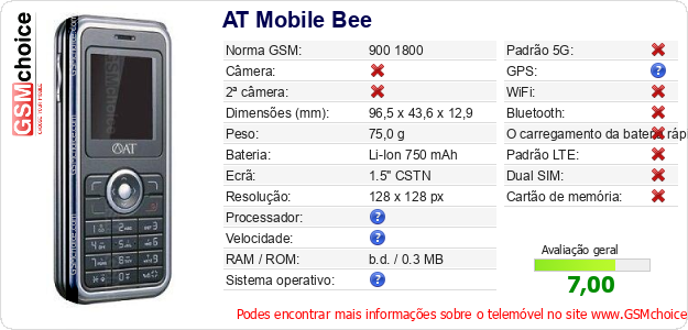 AT Mobile Bee Especificações técnicas do telemóvel 