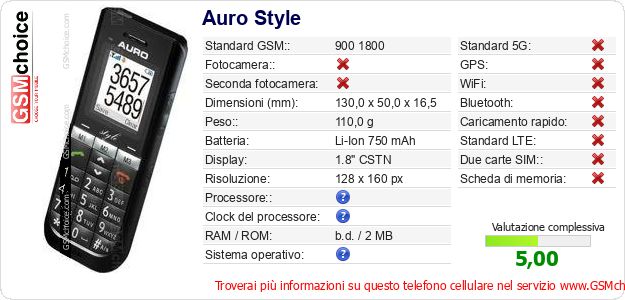 Auro Style Dati tecnici di telefono cellulare Auro Style Dati tecnici di telefono cellulare