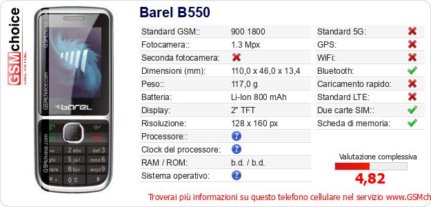 Barel B550 Dati tecnici di telefono cellulare Barel B550 Dati tecnici di telefono cellulare