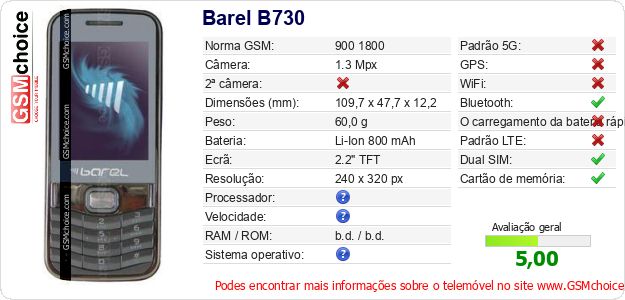 Barel B730 Especificações técnicas do telemóvel 