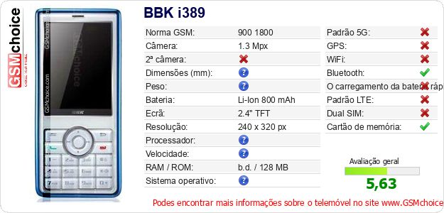 BBK i389 Especificações técnicas do telemóvel BBK i389 Especificações técnicas do telemóvel