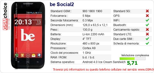 be Social2 Dati tecnici di telefono cellulare 