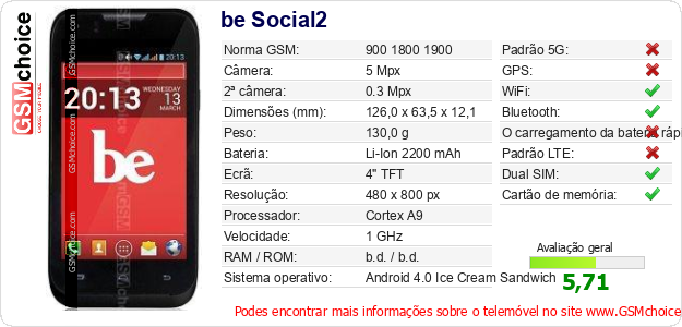 be Social2 Especificações técnicas do telemóvel 