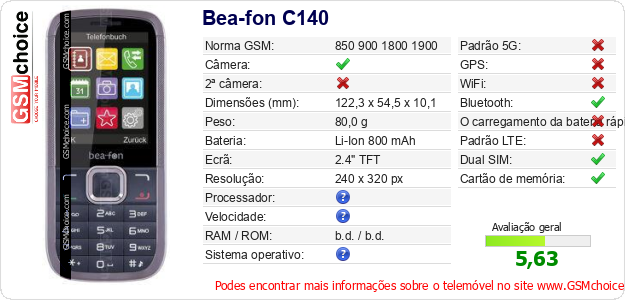 Bea-fon C140 Especificações técnicas do telemóvel Bea-fon C140 Especificações técnicas do telemóvel