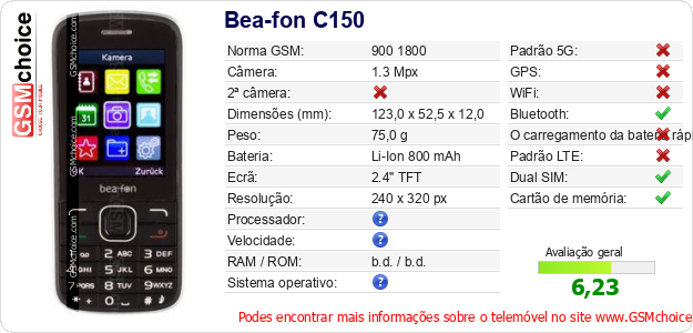 Bea-fon C150 Especificações técnicas do telemóvel 
