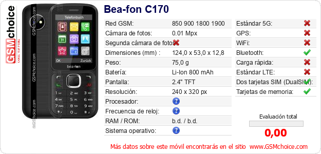 Bea-fon C170 Datos técnicos del móvil 