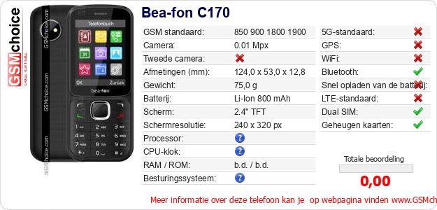 Bea-fon C170 Technische gegevens Bea-fon C170 Technische gegevens