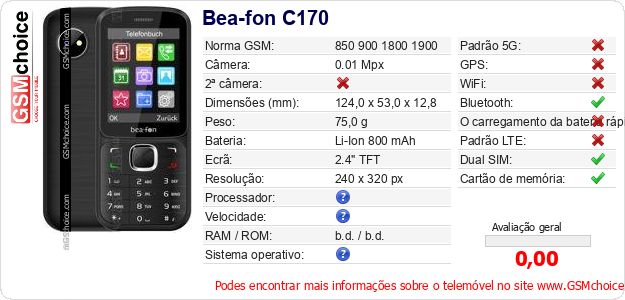 Bea-fon C170 Especificações técnicas do telemóvel Bea-fon C170 Especificações técnicas do telemóvel