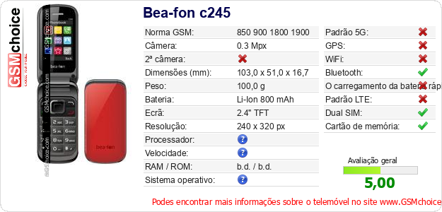 Bea-fon c245 Especificações técnicas do telemóvel Bea-fon c245 Especificações técnicas do telemóvel
