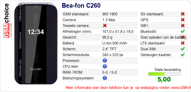Bea-fon C260 Technische gegevens Bea-fon C260 Technische gegevens