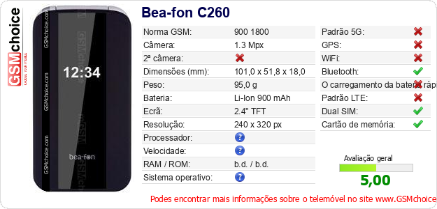 Bea-fon C260 Especificações técnicas do telemóvel 