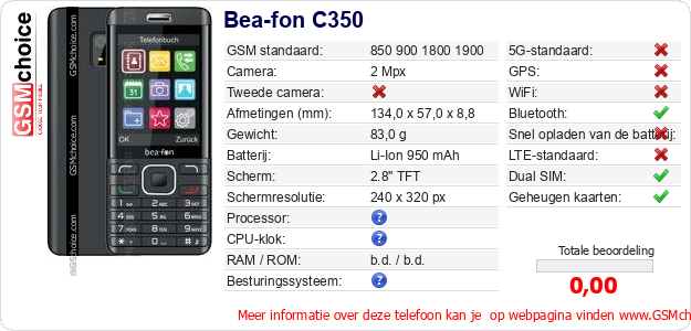 Bea-fon C350 Technische gegevens 