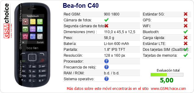 Bea-fon C40 Datos técnicos del móvil 