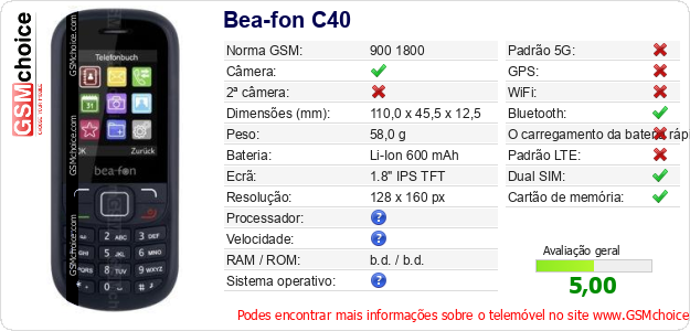 Bea-fon C40 Especificações técnicas do telemóvel Bea-fon C40 Especificações técnicas do telemóvel