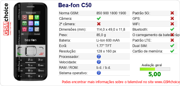 Bea-fon C50 Especificações técnicas do telemóvel Bea-fon C50 Especificações técnicas do telemóvel